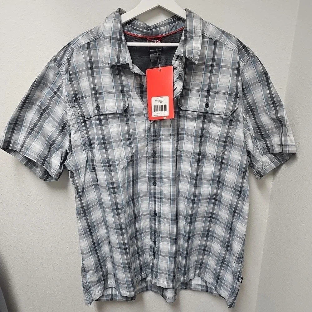 The North Face Shirt Mens‎ XXL Pine Knot Grey Woven Plaid Button Up Short Sleeve